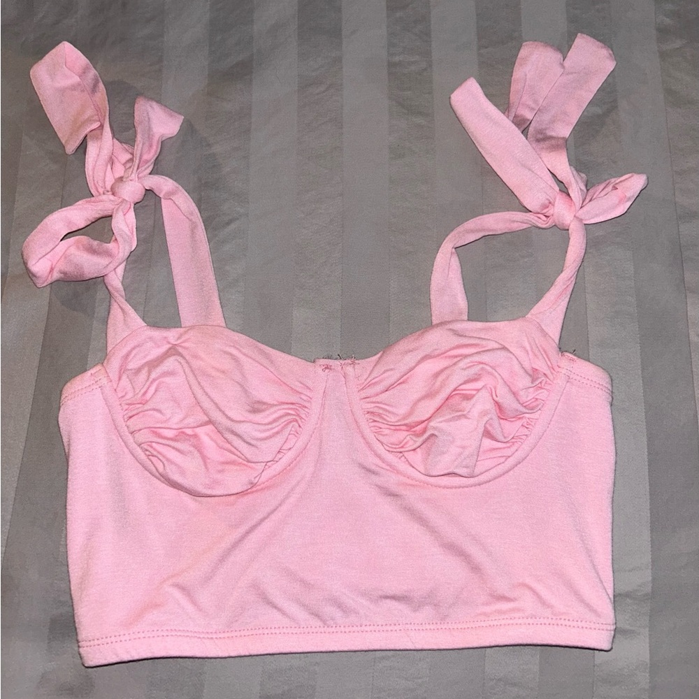 Pink Shoulder Tie Crop Top
